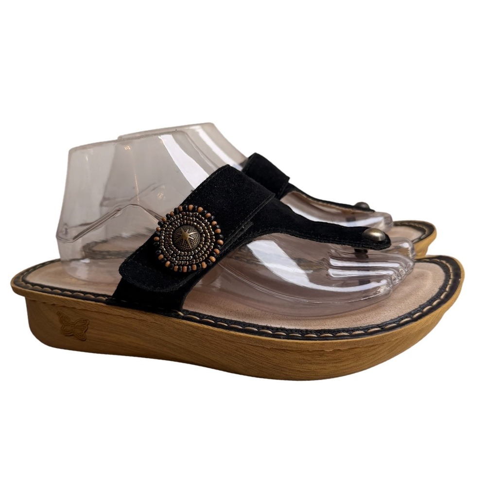 Alegria Carina Folkie Black Suede Platform Thong Sandals Size 40 - Picture 2 of 16